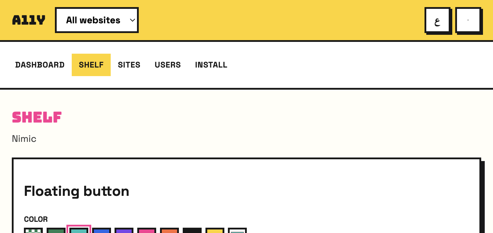 Shelf editor with floating button color and icon options